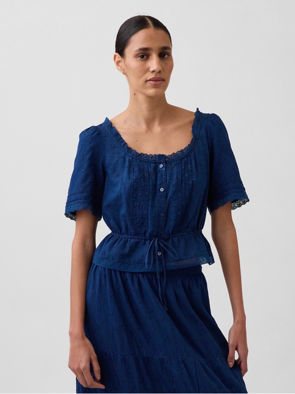 Gap Navy Lace Trim Eyelet Peplum Top